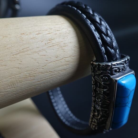 Stainless Steel & Leather Bracelet w/ Turquoise Stone SBR-6746 - Picture 1 of 10